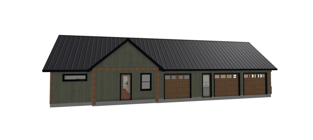 3D rendering of a ranch house plan with sage green siding, black metal roof, stone base, and a timber-framed covered entry