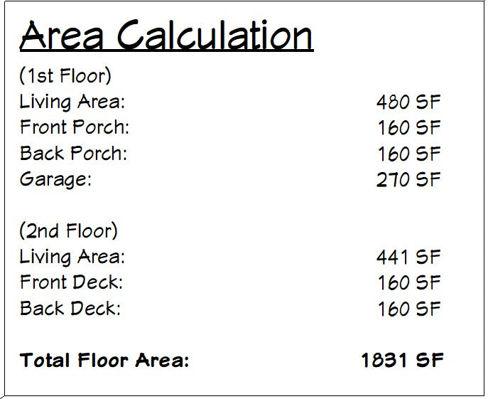 A black-and-white area calculation sheet listing living area, front porch, back porch, and garage measurements for the first floor, plus second floor measurements and a total floor area of 1831 SF.