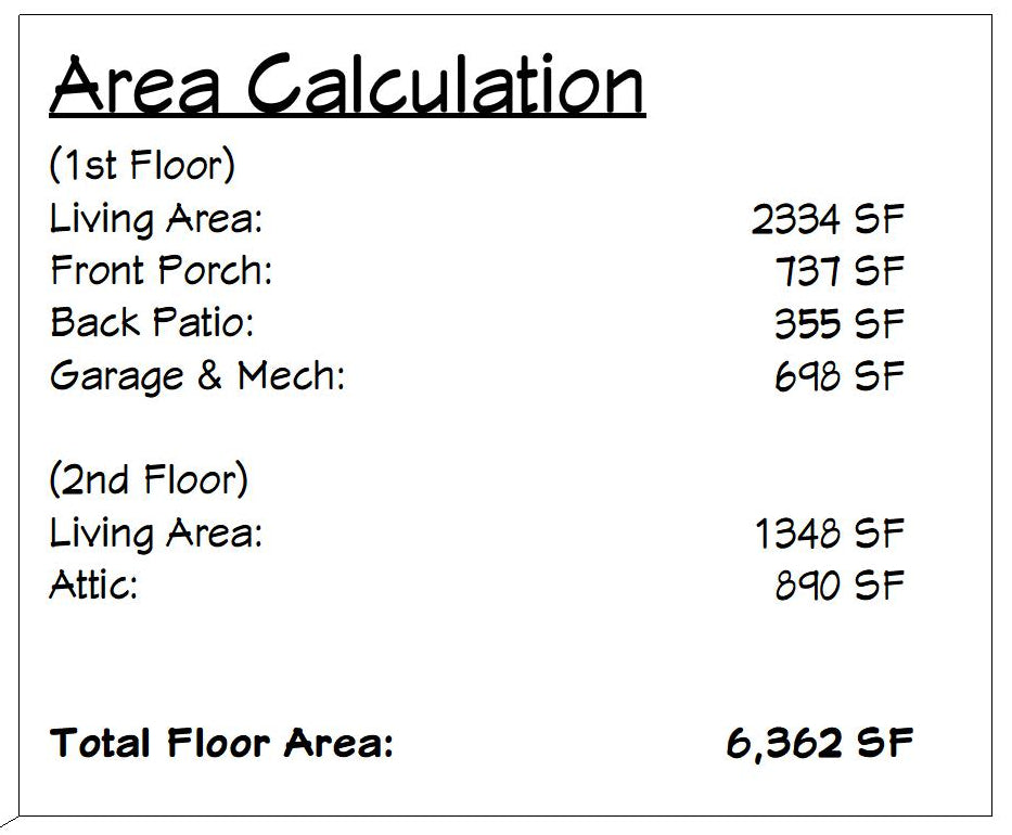 Floor area calculation chart for a house with living areas, front porch, back patio, garage, and attic.