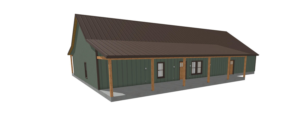 A 3D rendering of a modern log cabin style building with dark green siding, a dark brown metal roof, and light brown wooden posts, shown against a plain white background.
