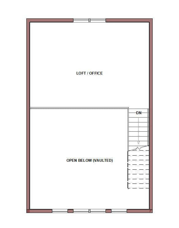 A simple floor plan diagram on a white background showing a rectangular building layout labeled 'LOFT / OFFICE' and 'OPEN BELOW (VAULTED)', with a staircase symbol on the right side.