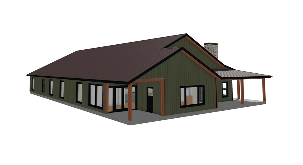 A 3D architectural rendering of a single-story cabin-style house with dark green siding, a dark brown roof, and a covered porch, shown on a plain white background.