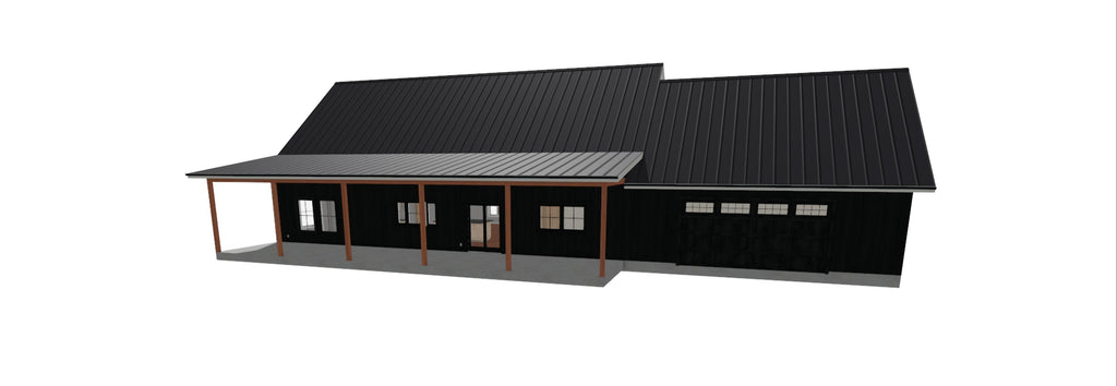 A 3D architectural rendering of a modern single-story cabin with a black metal roof, black siding, a covered porch with brown posts, and a gray concrete floor, shown on a plain white background.