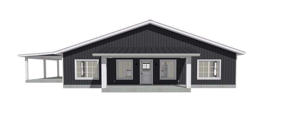 A 3D architectural rendering of a modern single-story cabin with dark charcoal gray siding, white trim, a covered front porch with columns, and a side carport, shown against a plain white background.