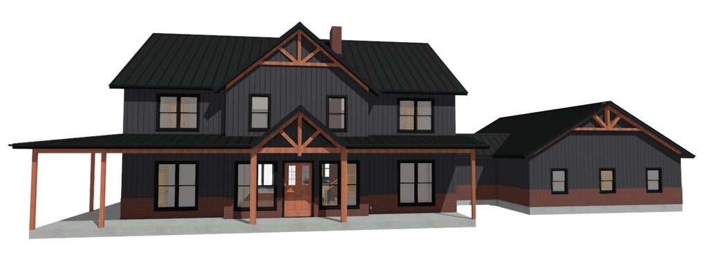 3D rendering of a two-story house with a dark exterior and wooden accents on a white background