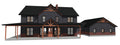 3D rendering of a two-story house with a dark exterior and wooden accents on a white background