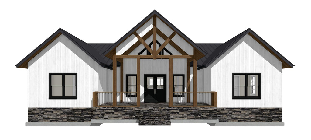 Design of a modern house with a white exterior and dark roof on a white background
