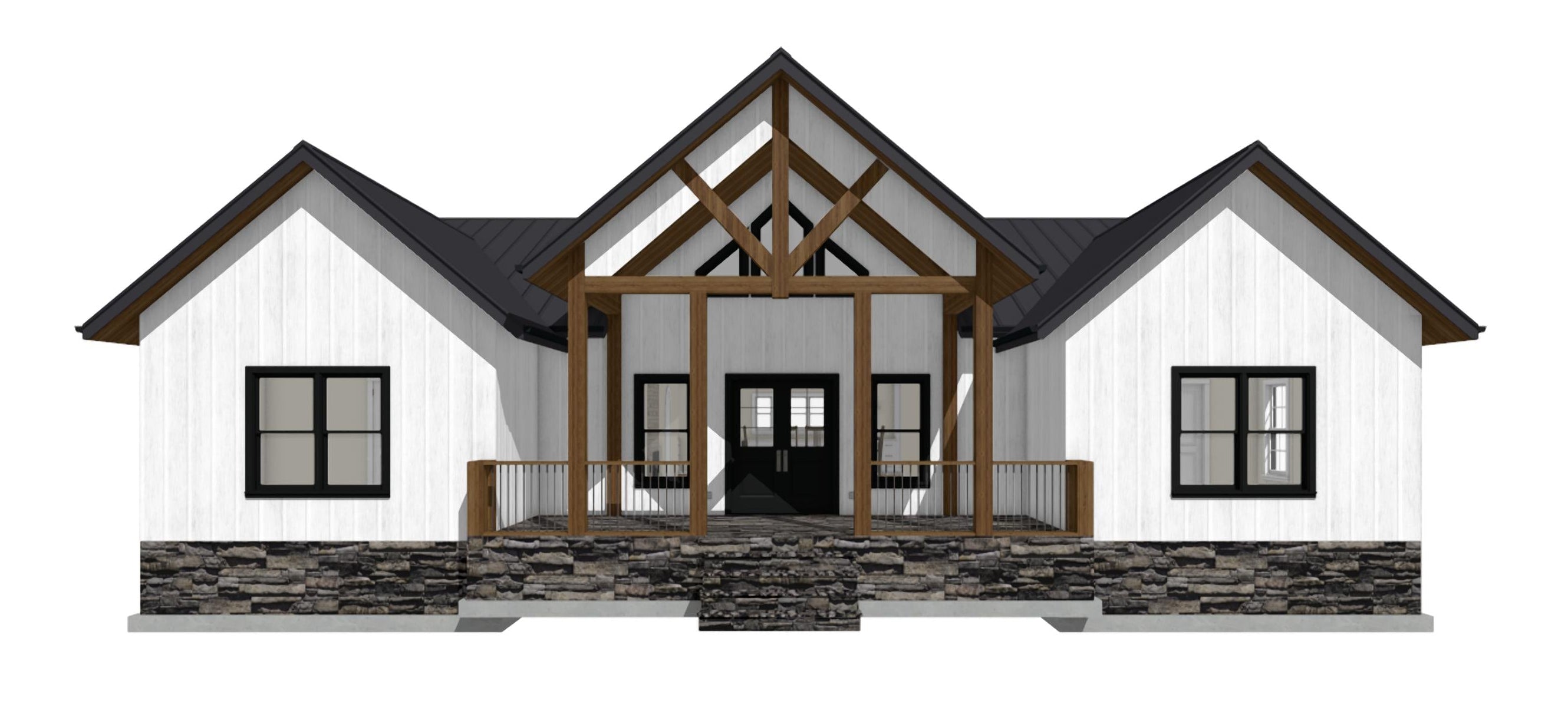 Design of a modern house with a white exterior and dark roof on a white background