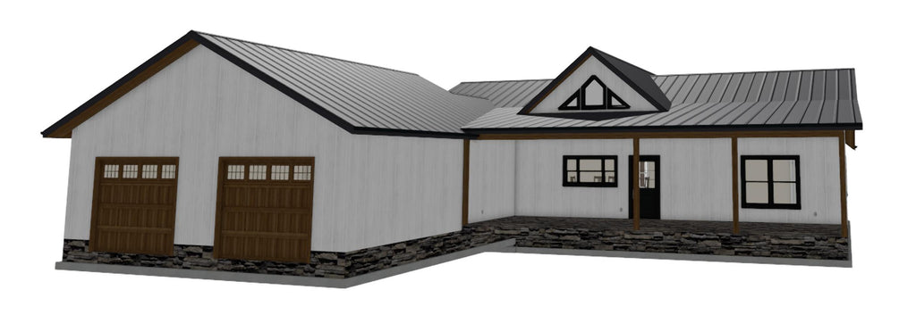 3D rendering of a house with a white exterior and brown doors on a white background