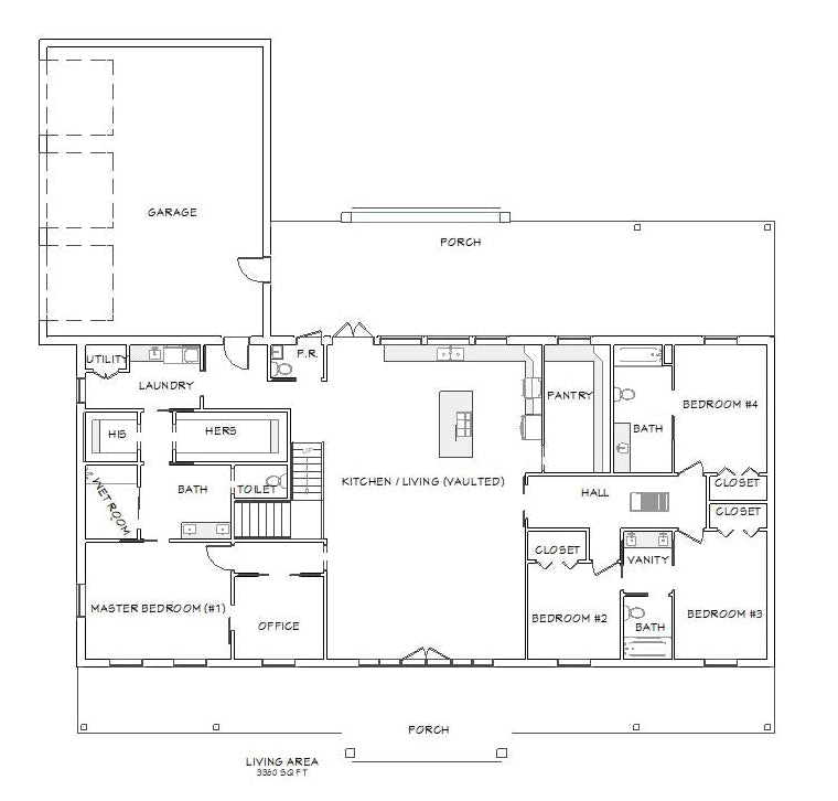 A black-and-white architectural floor plan showing the layout of rooms, including garage, porch, bedrooms, bathrooms, kitchen, office, and living area, with labeled dimensions and room boundaries.