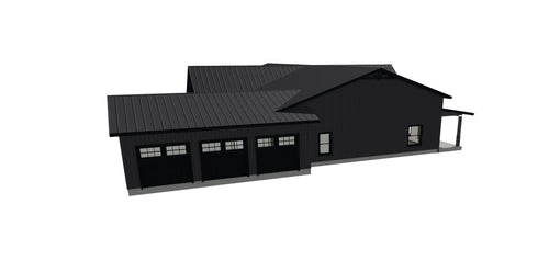 A 3D digital model rendering of a modern black single-story house or garage building with a dark gray roof, shown against a solid white background.