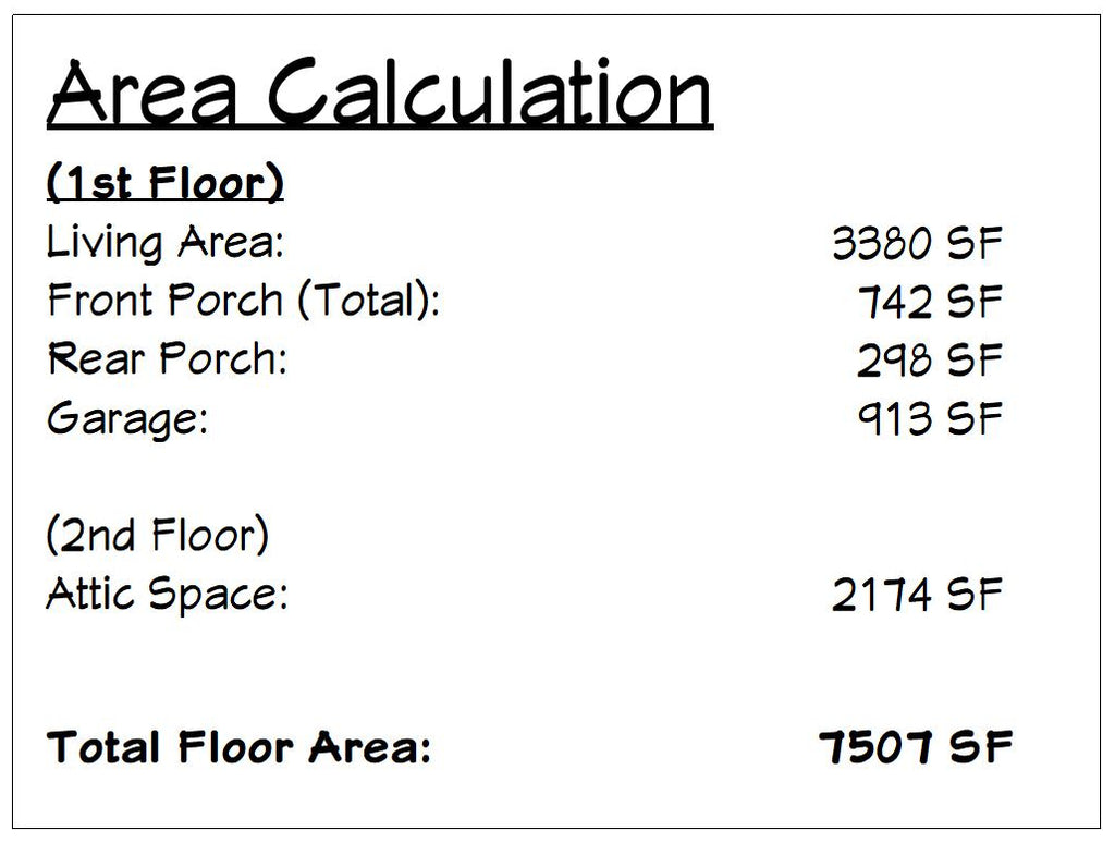 A black-and-white area calculation sheet showing floor area measurements for a house, including living area, front porch, rear porch, garage, attic space, and total floor area.