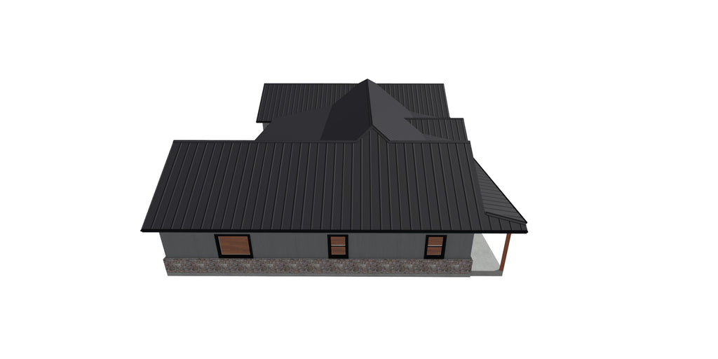 A 3D architectural model of a modern single-story house with a dark gray metal roof, dark gray walls, and a stone-textured base, shown on a plain white background.