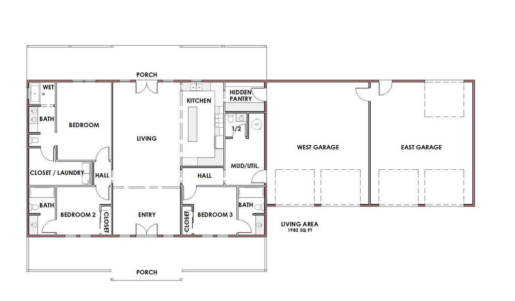 A black-and-white house floor plan diagram showing room layout, garage sections, porch, living area, kitchen, bathrooms, closets, and labeled measurements.