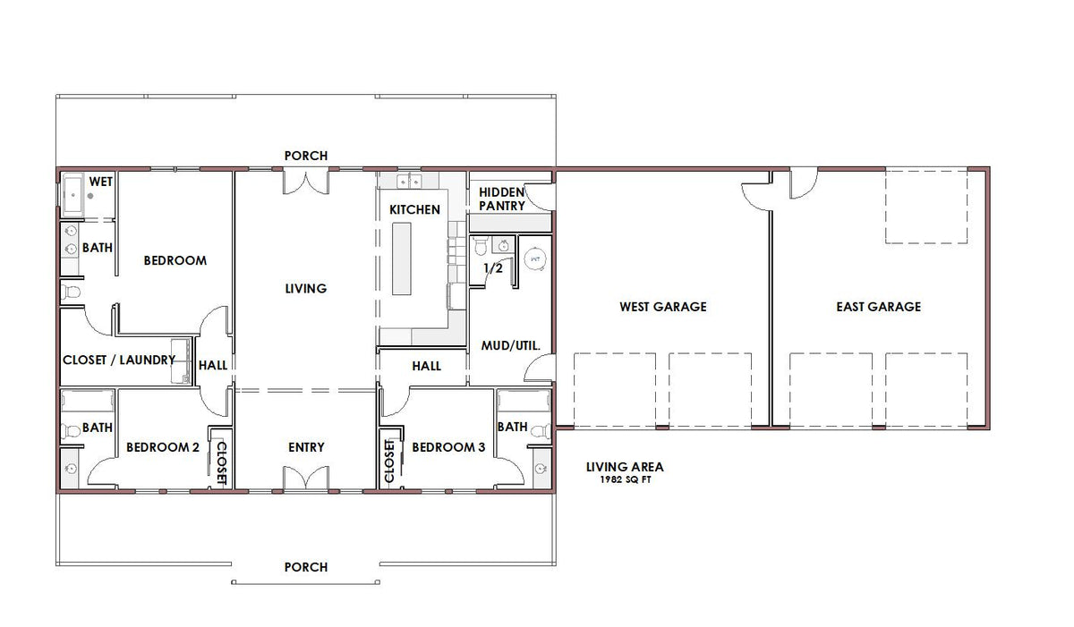 A black-and-white house floor plan diagram showing room layout, garage sections, porch, living area, kitchen, bathrooms, closets, and labeled measurements.