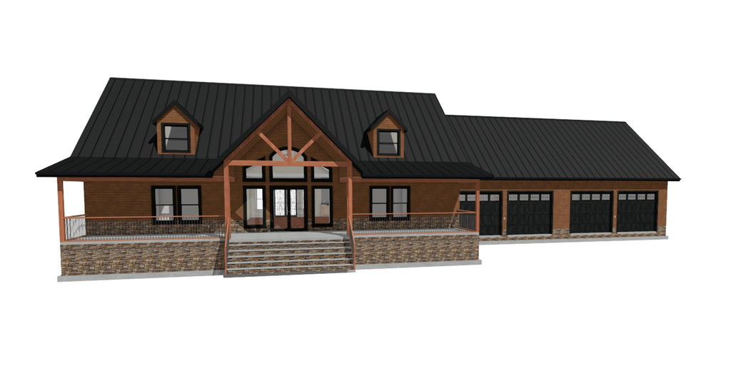 A 3D architectural rendering of a modern log cabin style house with a black metal roof, brown wood siding, stone veneer walls, a front porch with steps, and a three-car garage on a plain white background.