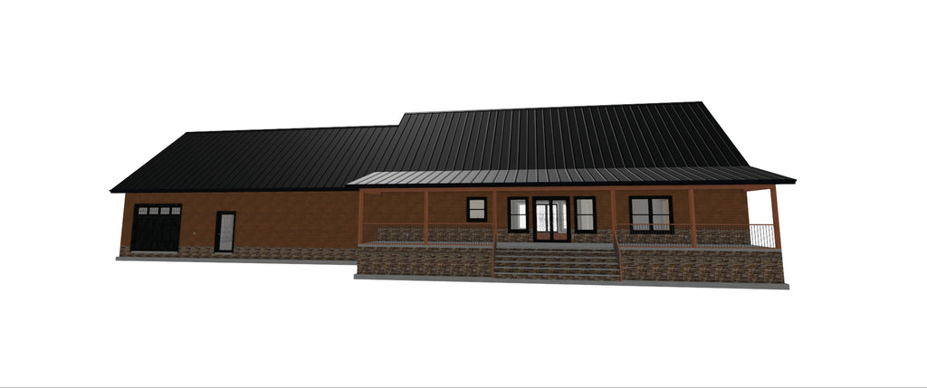 A 3D architectural rendering of a modern single-story house with a black metal roof, brown brick exterior, stone veneer lower facade, and a covered front porch, shown on a plain white background.