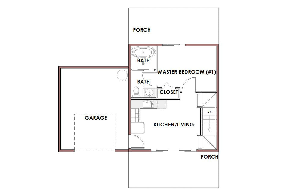 A simple floor plan diagram showing labeled room areas including garage, porch, master bedroom, bath, kitchen/living, and closet on a white background.
