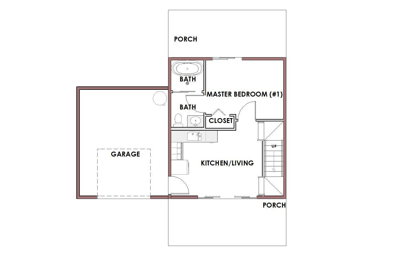 A simple floor plan diagram showing labeled room areas including garage, porch, master bedroom, bath, kitchen/living, and closet on a white background.