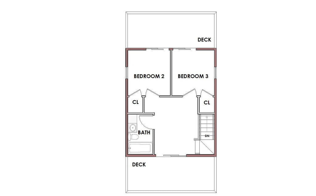 A minimalist floor plan diagram showing a two-bedroom house layout with labels for Bedroom 2, Bedroom 3, Bath, Cl, Deck, and Stairs on a white background.