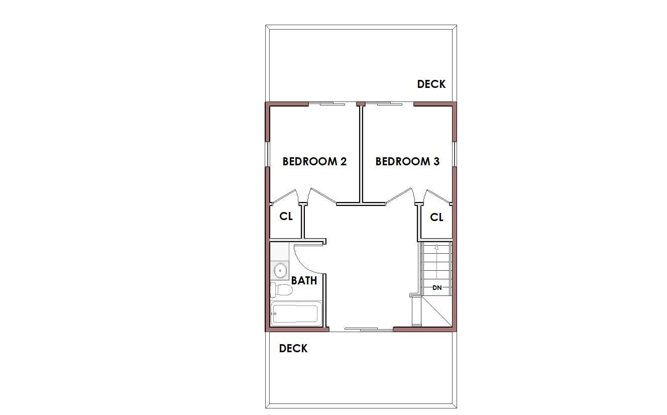 A minimalist floor plan diagram showing a two-bedroom house layout with labels for Bedroom 2, Bedroom 3, Bath, Cl, Deck, and Stairs on a white background.