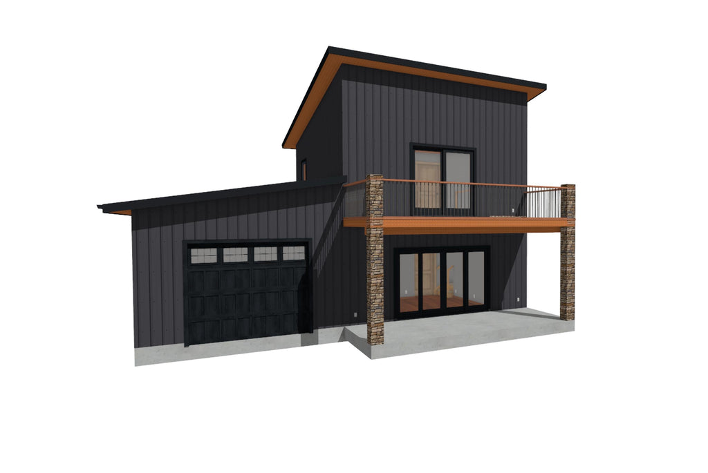 A 3D architectural rendering of a modern two-story house with a garage, featuring dark gray siding, a wooden deck with a balcony, and a stone pillar detail, isolated on a white background.