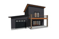 A 3D architectural rendering of a modern two-story house with a garage, featuring dark gray siding, a wooden deck with a balcony, and a stone pillar detail, isolated on a white background.