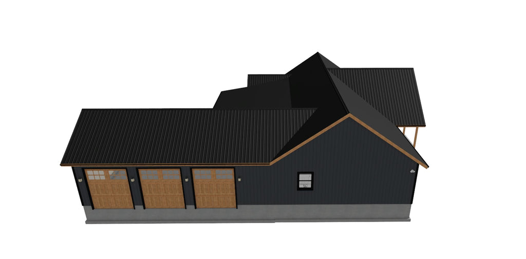 A 3D architectural rendering of a modern single-story house with a dark charcoal exterior, light brown wood garage doors, and a dark metal roof, shown on a plain white background.