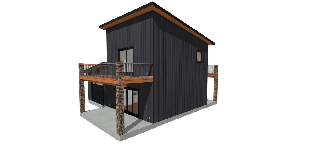 A modern two-story house exterior rendering with dark charcoal gray siding, warm brown wood trim, stone-textured pillars, and a wraparound deck on a white background.