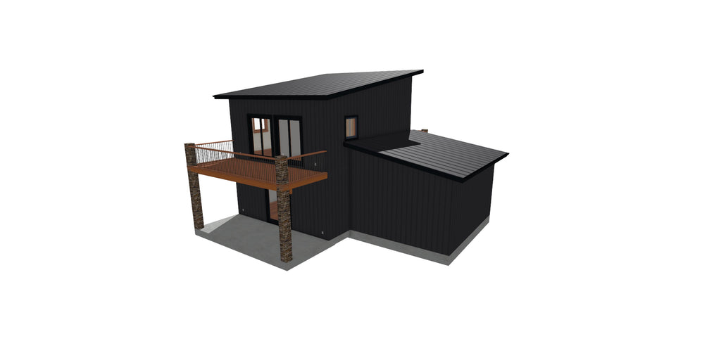 A 3D architectural rendering of a modern modular home or small cabin with a dark charcoal exterior, a brown wooden balcony, and a gray metal roof, shown against a plain white background.