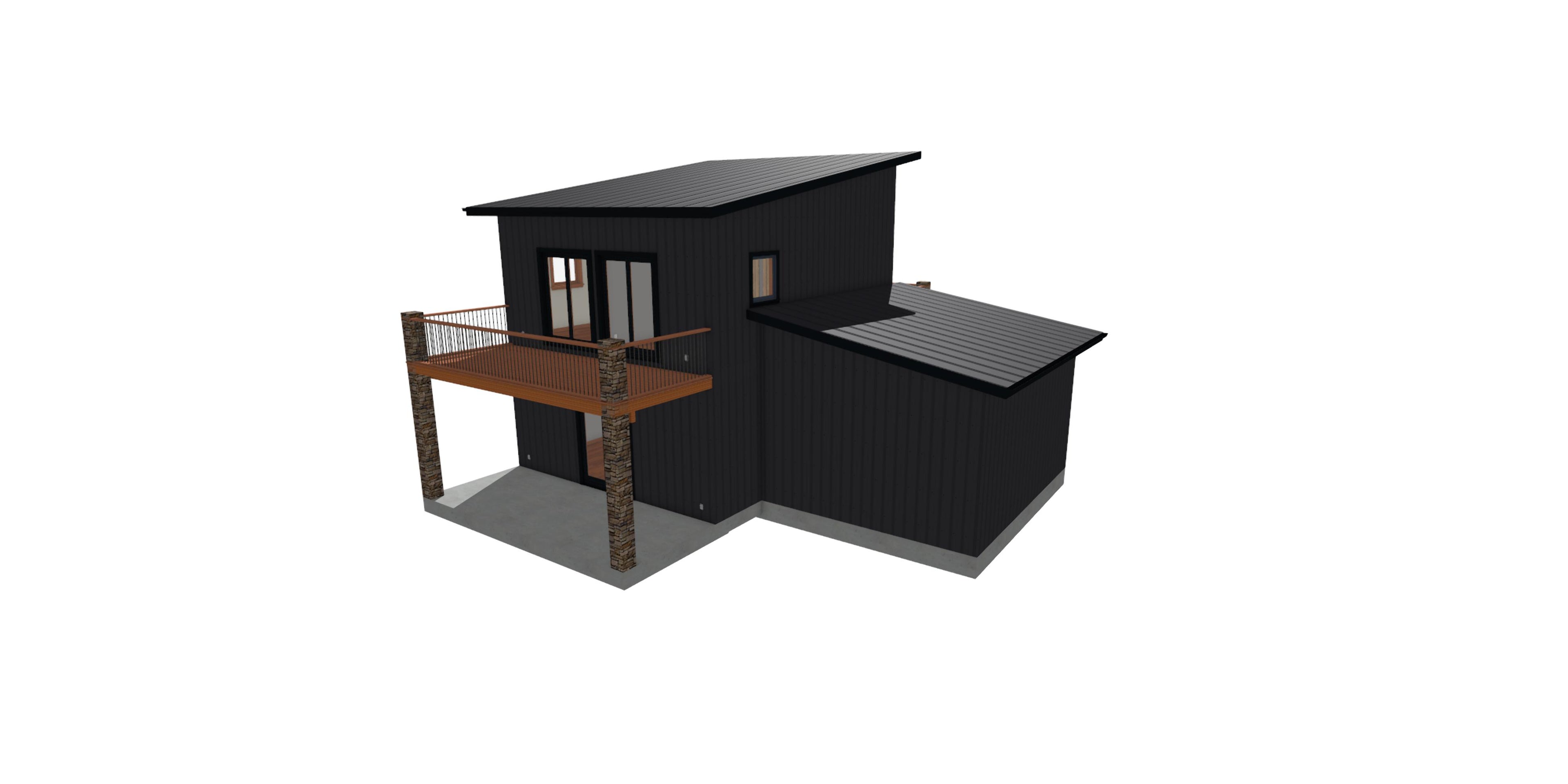 A 3D architectural rendering of a modern modular home or small cabin with a dark charcoal exterior, a brown wooden balcony, and a gray metal roof, shown against a plain white background.