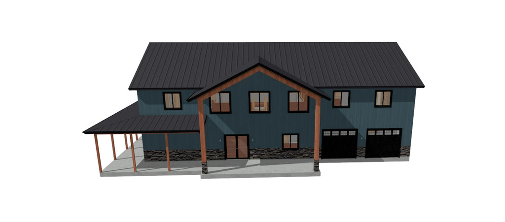 A 3D architectural rendering of a modern two-story house with a dark slate blue exterior, a dark gray shingled roof, a covered front porch with wooden posts, and two garage doors, shown on a plain white background.