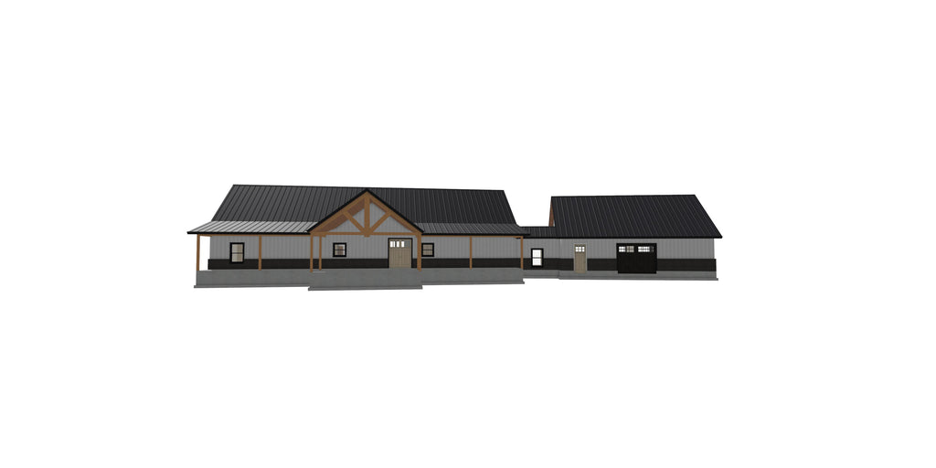 A 3D architectural rendering of a modern single-story cabin with an attached garage, featuring a dark gray metal roof, gray siding, and light brown wood accents, shown against a plain white background.