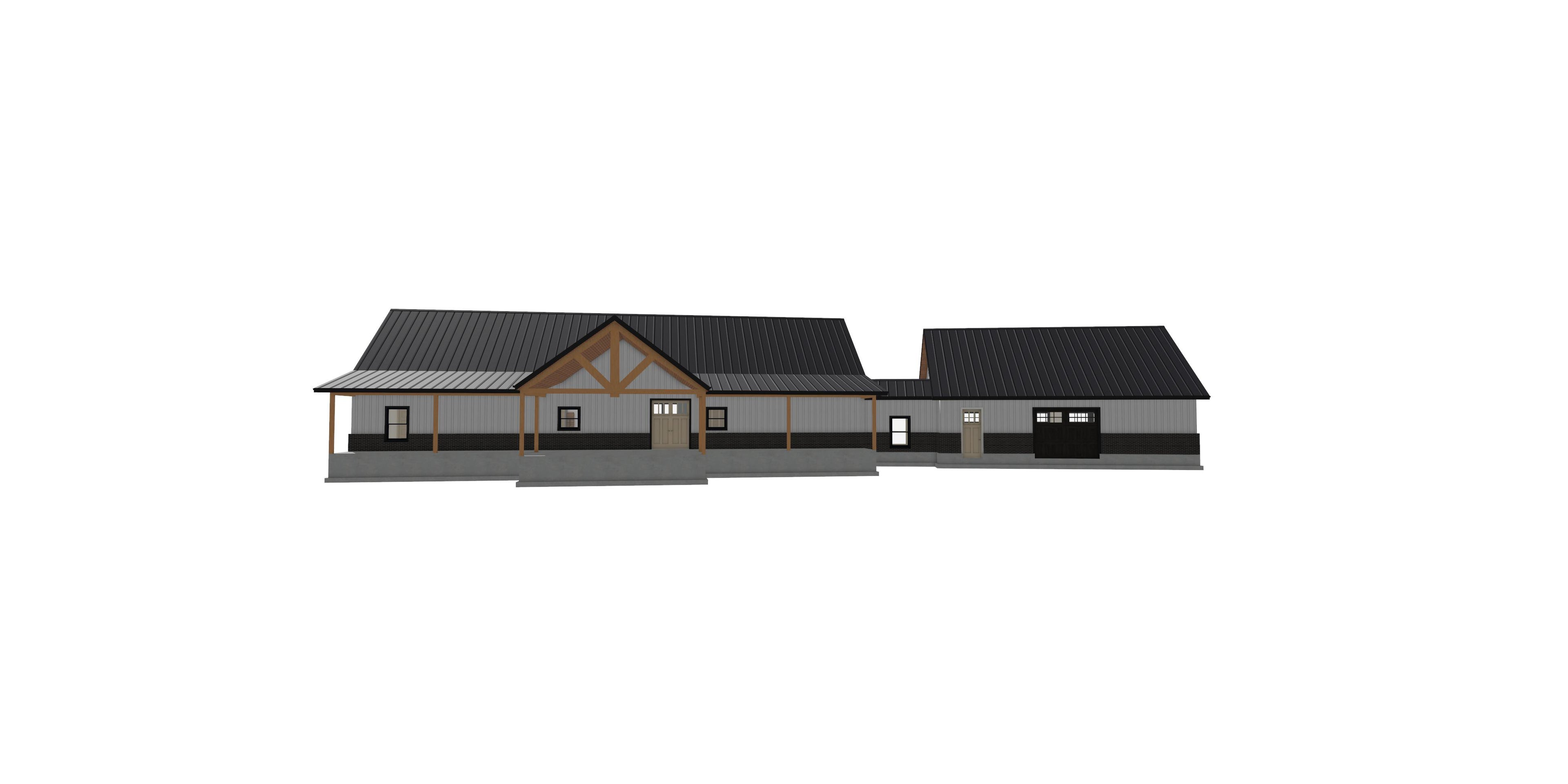 A 3D architectural rendering of a modern single-story cabin with an attached garage, featuring a dark gray metal roof, gray siding, and light brown wood accents, shown against a plain white background.