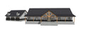 A 3D architectural rendering of a modern two-story house with an attached garage, featuring a dark gray roof, light gray walls, and a prominent wooden triangular gable on the front porch.