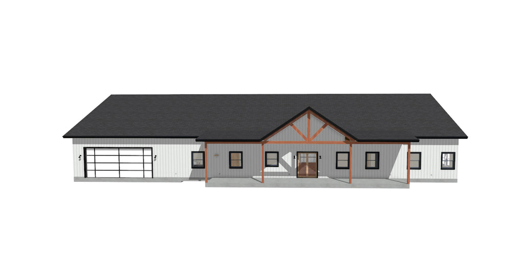 A 3D architectural rendering of a modern single-story house with a dark gray roof, gray and white exterior walls, a central porch with exposed wood beams, and a garage on the left, shown against a plain white background.