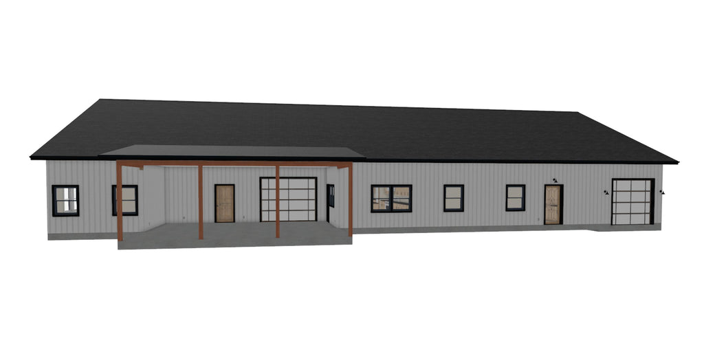 A 3D architectural rendering of a modern single-story metal building with gray siding, a dark gray roof, and a covered front porch with brown columns, shown on a plain white background.