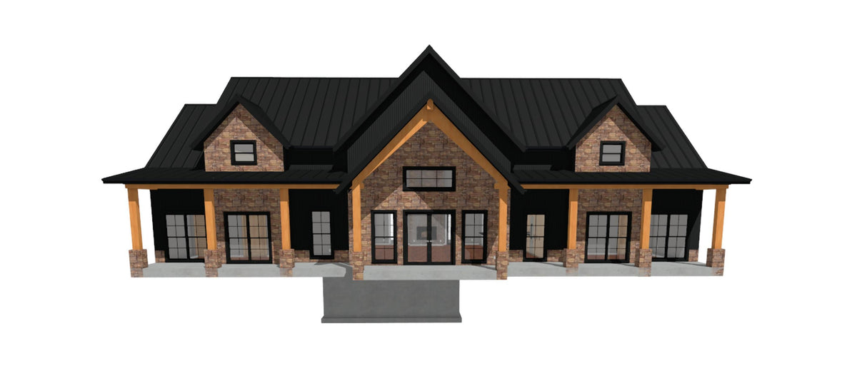Front elevation rendering of a single-story modern farmhouse with black standing seam metal roof, stone veneer gables, timber porch posts, and a centered entry with double doors