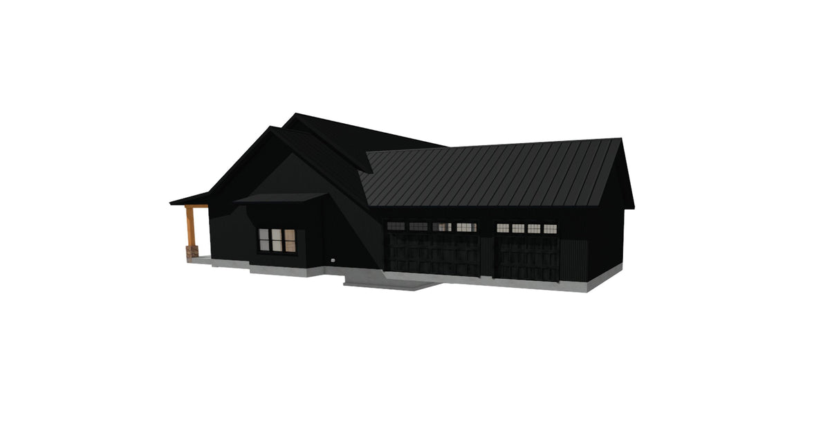 Modern farmhouse plan rendering with black metal roof and stone facade