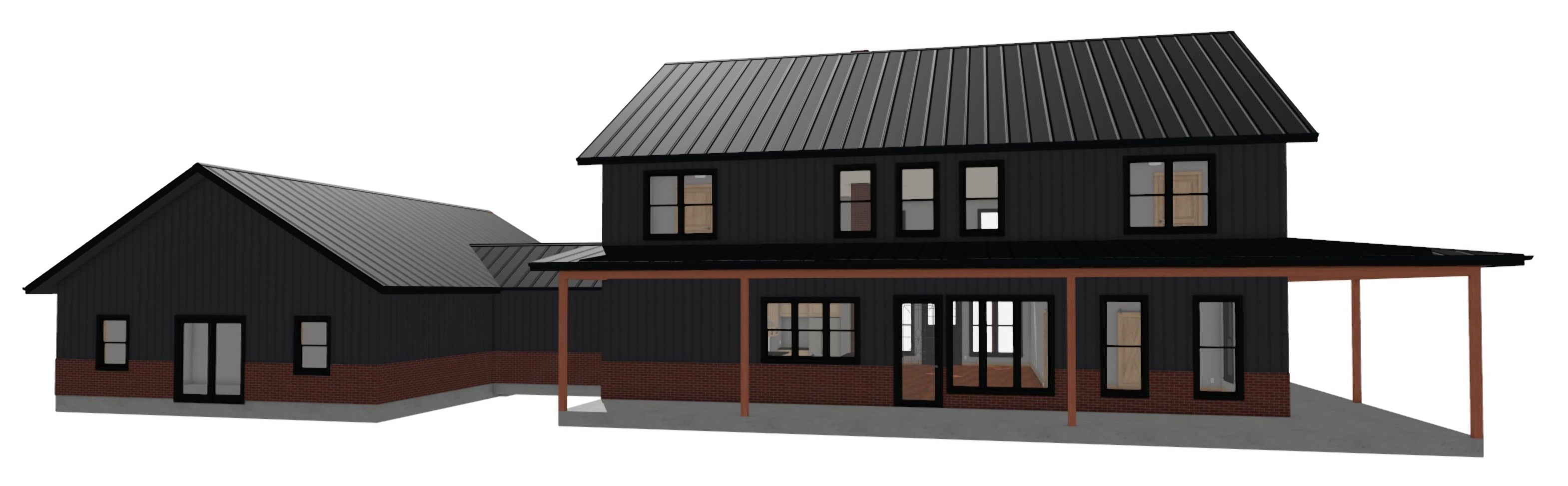 3D rendering of a modern house with black exterior and wooden accents on a white background