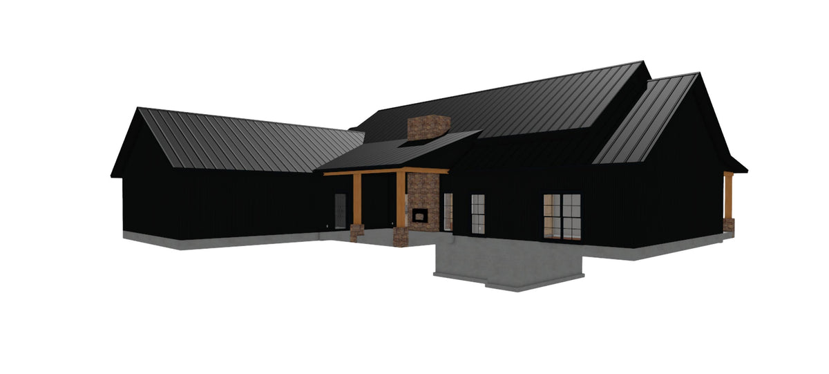 3D rendering of a modern farmhouse house plan with black metal roof, stone and timber accents, and a wraparound front porch