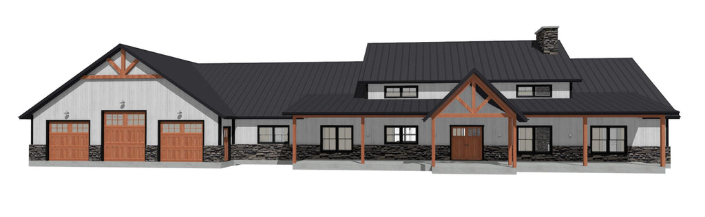 Front elevation rendering of a single-story modern farmhouse with a three-car garage, wood-toned garage doors, white vertical siding, black standing seam metal roof, stone veneer base, and a timber truss gable over the covered entry