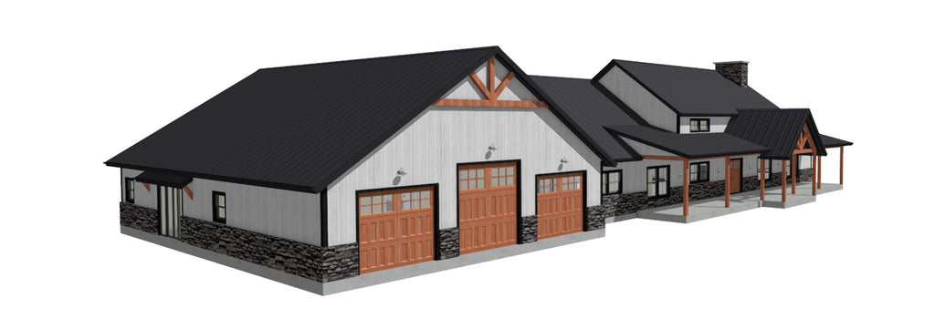 Ranch house plan rendering with 3-car garage and timber-framed porch