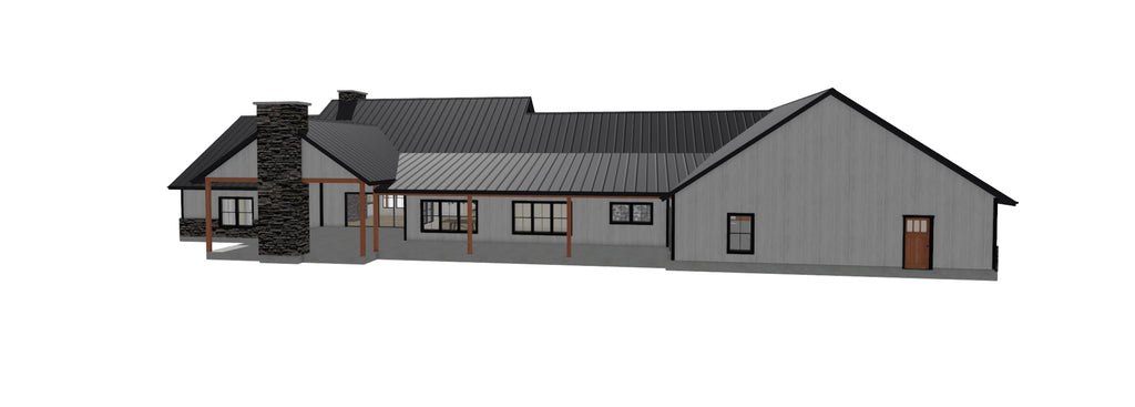 3D rendering of a ranch house plan with attached 3-car garage, white siding, black metal roof, stone base, and timber entry