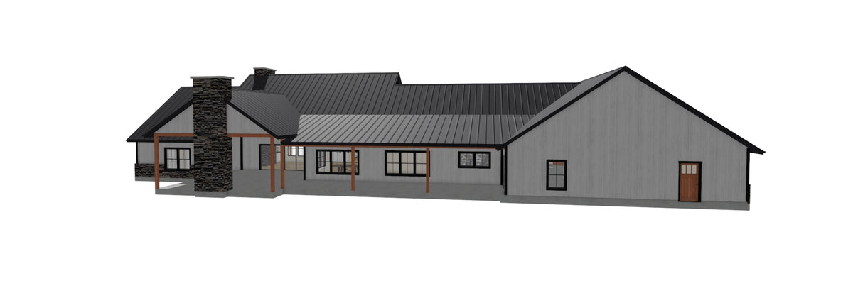 3D rendering of a ranch house plan with attached 3-car garage, white siding, black metal roof, stone base, and timber entry