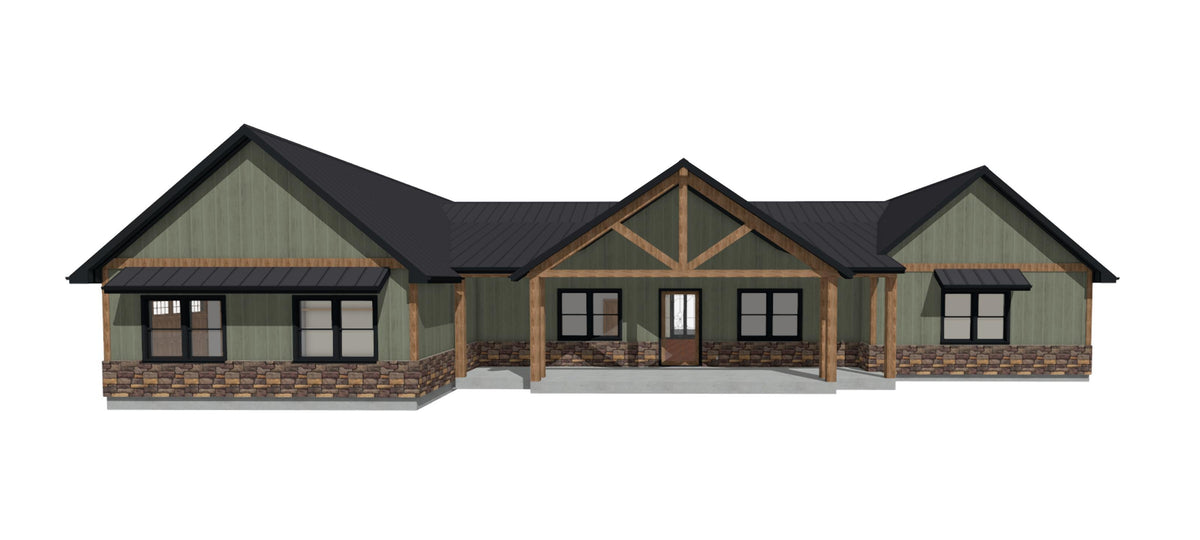 Front elevation rendering of a single-story ranch home with sage green vertical siding, black standing seam metal roof, stone veneer base, metal window awnings, and a timber truss gable over the covered front porch