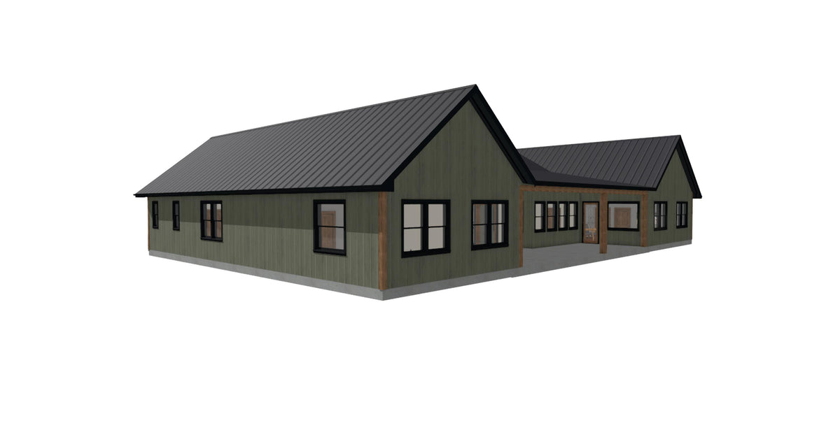 3D rendering of a ranch house plan with sage green siding, black metal roof, stone base, and a timber-framed covered entry